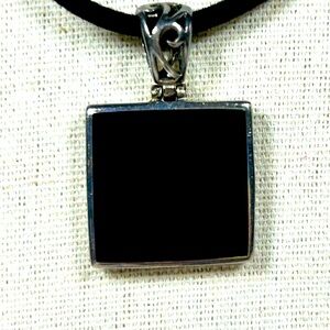 Vintage Sterling Silver 925 Signed Black Onyx on Cord Reversible Square Pendant